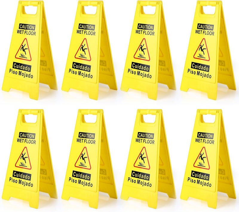 WOUSEDO 8-Pack Caution Wet Floor Sign,17.5" Height,Bright Yellow Double-Sided Folding A-Shaped Frame Design, Bilingual Caution Message - Image 1